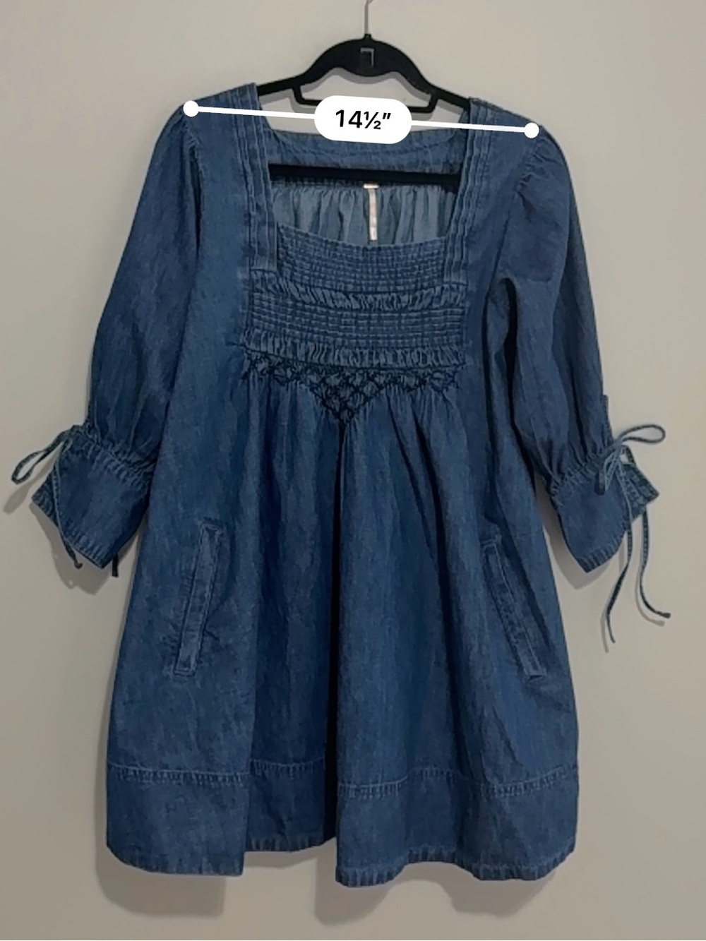 Free People Blue Denim Babydoll Mini Dress Square Neck Smocked Boho Cottagecore - Picture 8 of 13